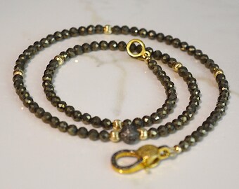 Elegant AAA Golden Pyrite Necklace with Pave Diamond Pendant, Vermeil Diamond Clasp, Gold Filled Beads, Luxury Statement Jewelry, 18 inches