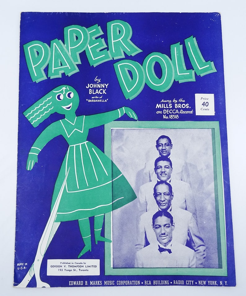 Paper Doll Song Vintage Sheet Music 1943 Johnny Black Mills Etsy