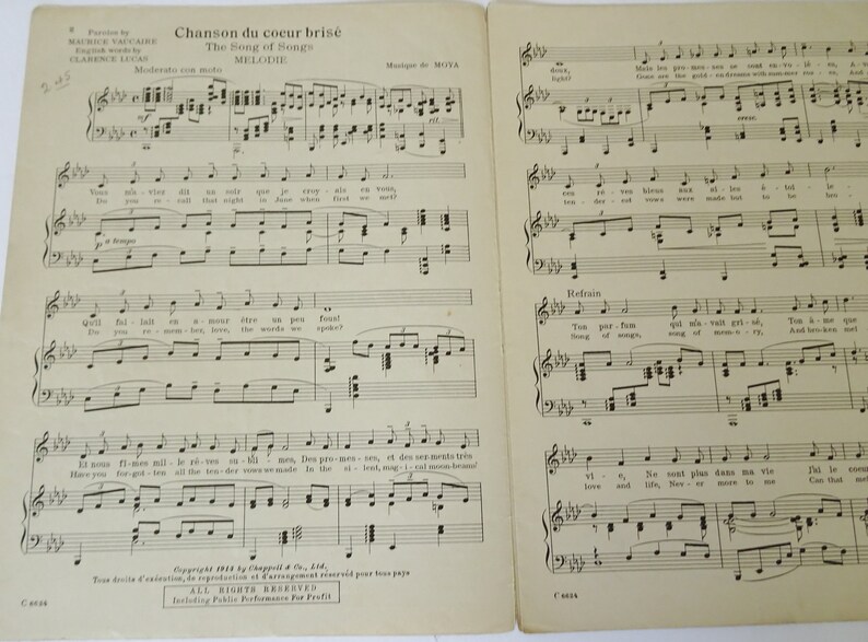 The Song Of Songs Melodie Chanson Du Coeur Brise Vintage Sheet Etsy