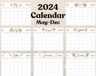 Editable & PDF 2024 Monthly Calendar (May-December)- Simple Minimalist Floral Theme
