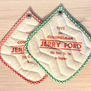 Vote Jerry Ford for Congressman Michigan TWO Potholders Red and Green Gingham image 1