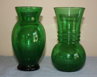 Green Depression Era Anchor Hocking Vases - Emerald Tulip Vase or Bubble Vase -