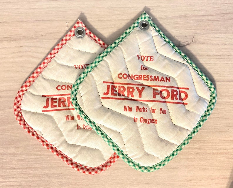 Vote Jerry Ford for Congressman Michigan TWO Potholders Red and Green Gingham image 1