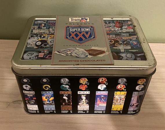 1990 Super Bowl XXV Commemorative Silver Anniversary Chocolate Tin