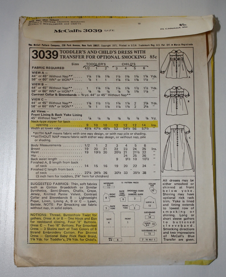 Size 5 Toddlers and Childs Dress McCalls 3039 Vintage Pattern