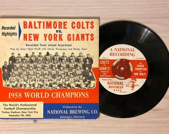 1958 Baltimore Colts vs New York Giants Opgenomen Broadcast World's Professional Football Championship - 45 RPM - Met Wolff en Thompson