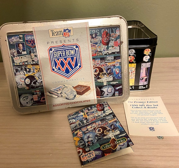 1990 Super Bowl XXV Commemorative Silver Anniversary Chocolate Tin