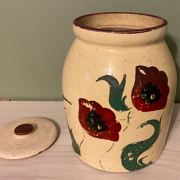 Watt Style Stoneware Cookie Jar Crock with Lid - Vintage Jar with Flowers
