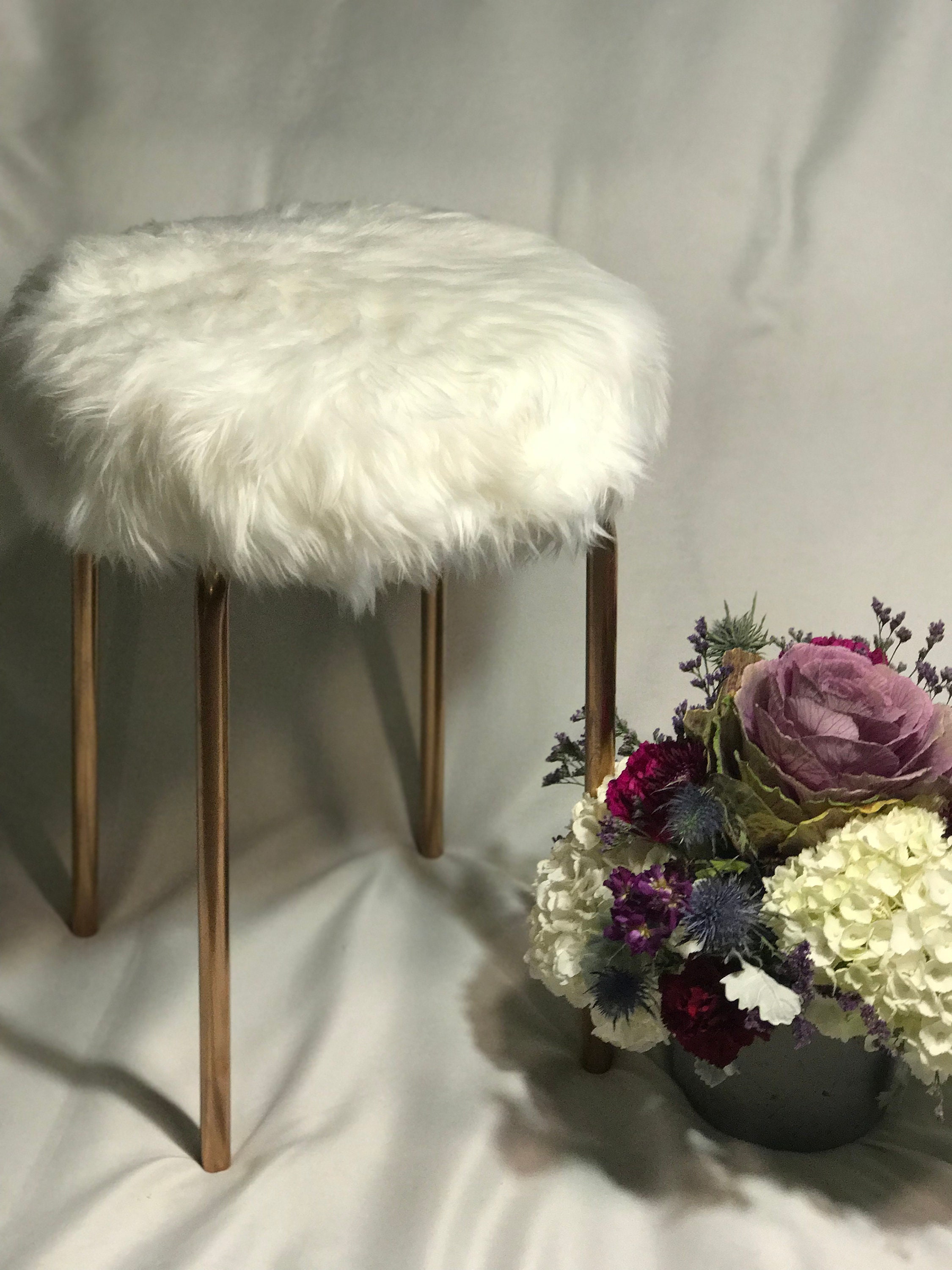 Faux Fur Vanity White Fur Rose Gold Stool Etsy