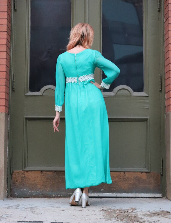 1960s Teal Empire Waist Dress | Small - image 3