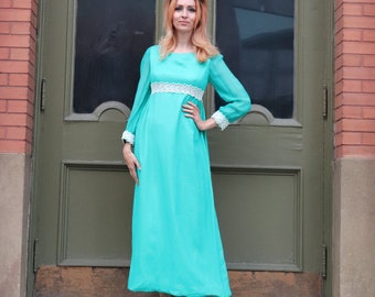 1960s Teal Empire Waist Dress | Small