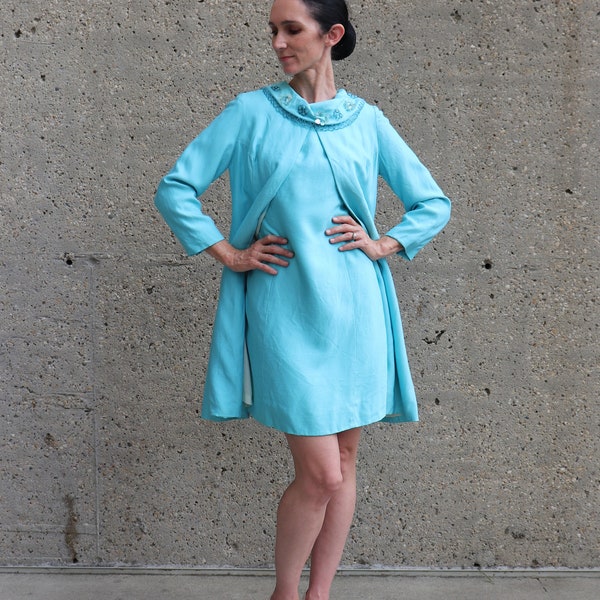 1960s blue beaded coat and matching dress| XS