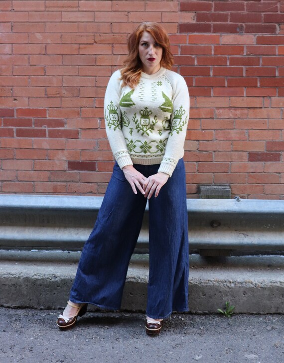60s Wool White Stag Sweater | Medium