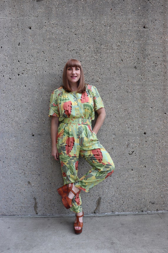 80s Jumpsuit, Tropical Print, Yellow | Medium to … - image 2