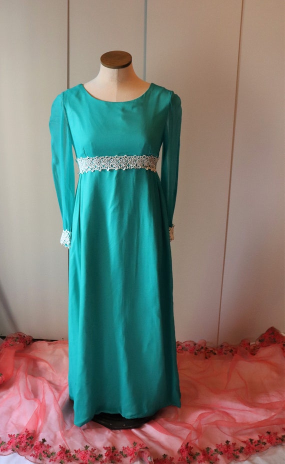 1960s Teal Empire Waist Dress | Small - image 5