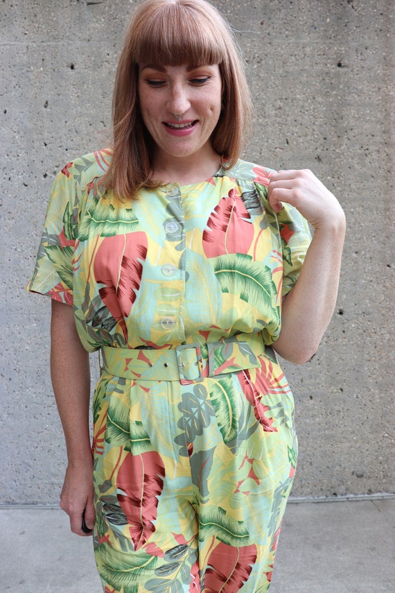 80s Jumpsuit, Tropical Print, Yellow | Medium to … - image 3