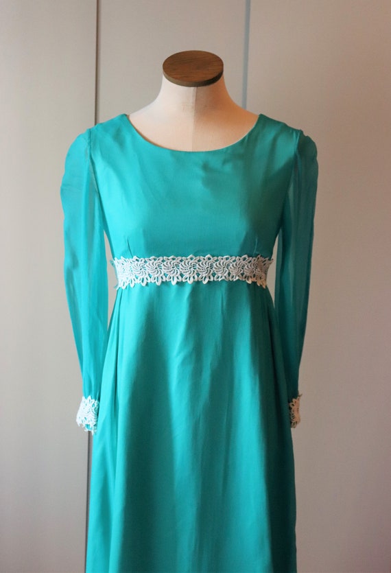 1960s Teal Empire Waist Dress | Small - image 6