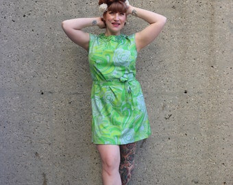 1960s green floral mini dress | L