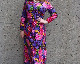 1970s purple floral maxi dress| M