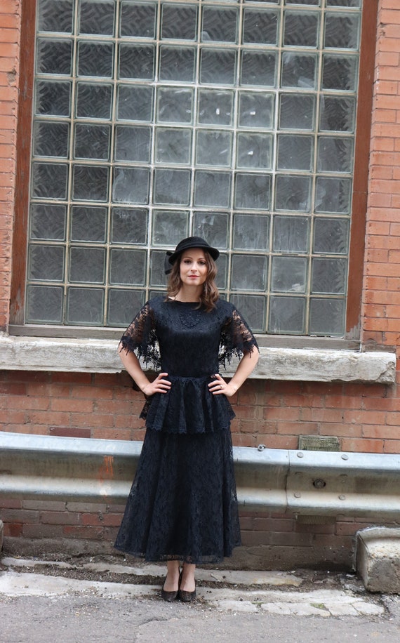 Vintage 1980s black lace peplum dress | Small