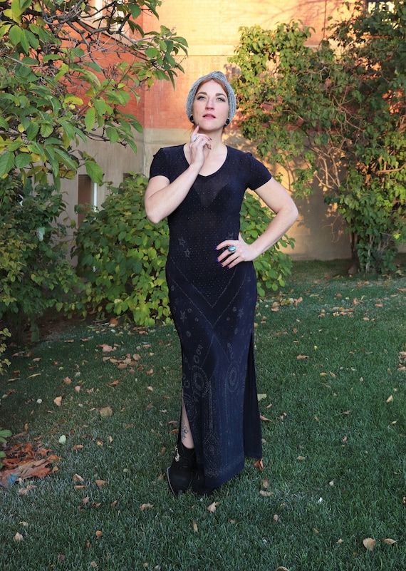 1990s Slinky Navy Evening Dress | Small - Large