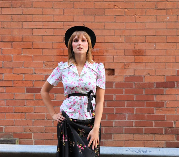 70s Floral Blouse, white & pink blouse, button up