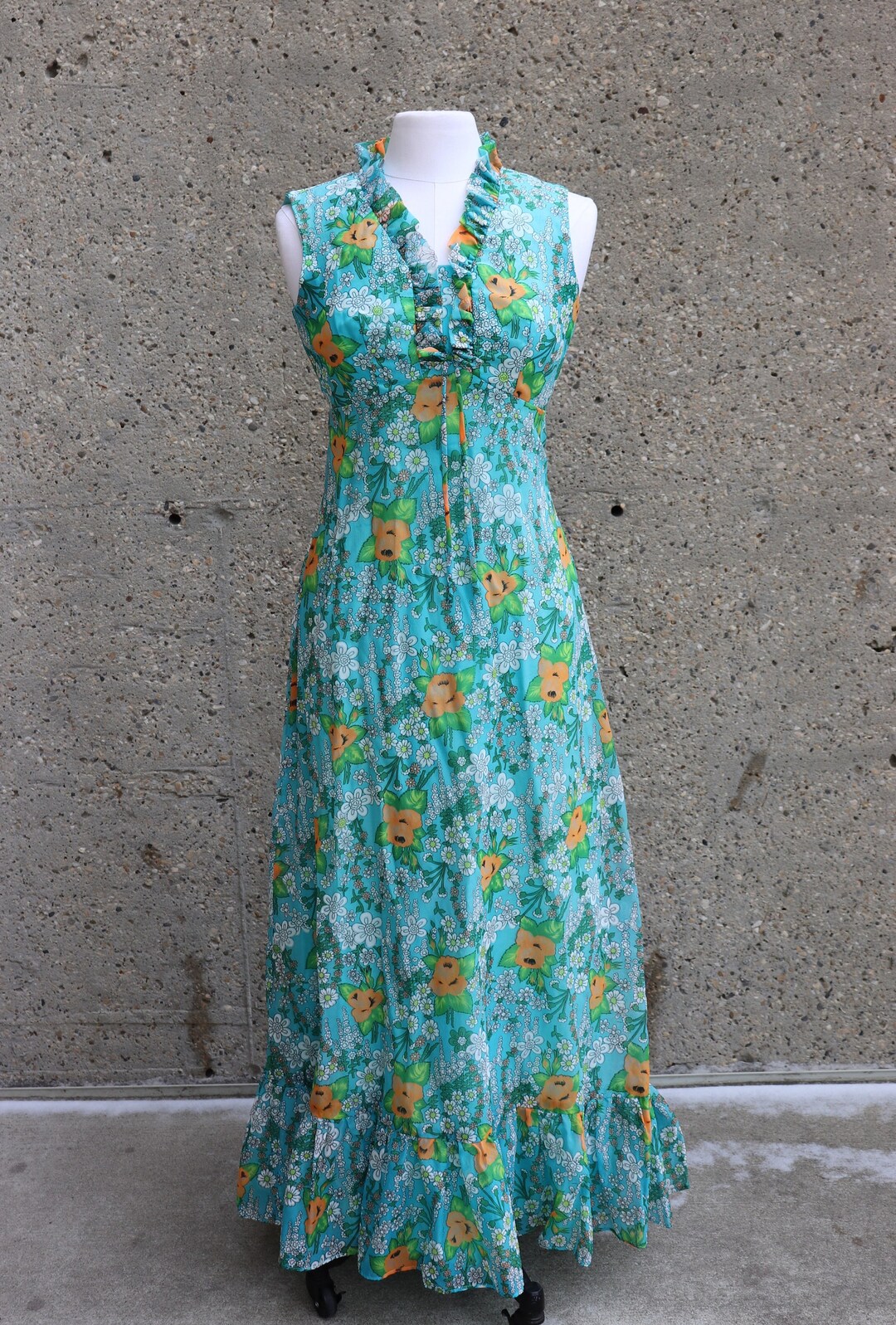 1970s Floral Chiffon Maxi Dress Small - Etsy