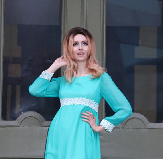 1960s Teal Empire Waist Dress | Small - image 2