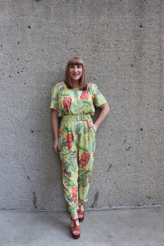 80s Jumpsuit, Tropical Print, Yellow | Medium to … - image 4