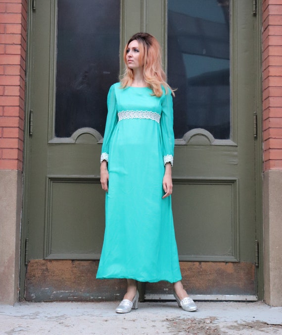 1960s Teal Empire Waist Dress | Small - image 4