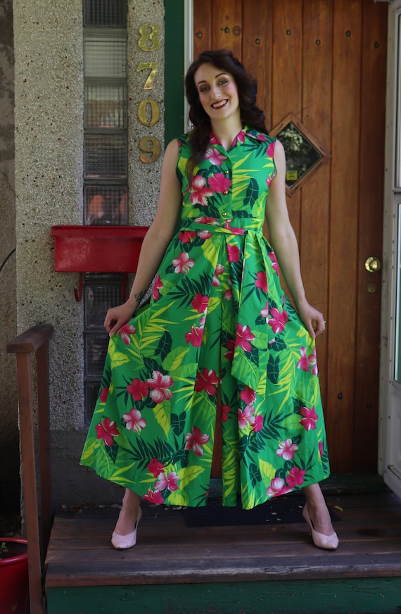1970s Tropical Green Jumpsuit | Small