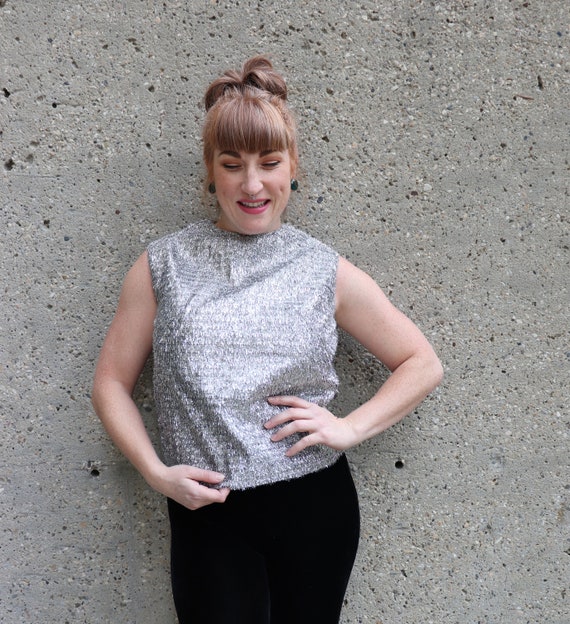 1960s silver tinsel top, metallic tinsel shirt| M - image 3