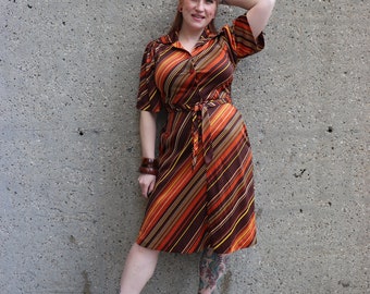 1970s striped button up dress | M