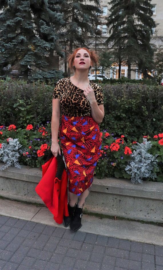 1980s red leopard print skirt Medium