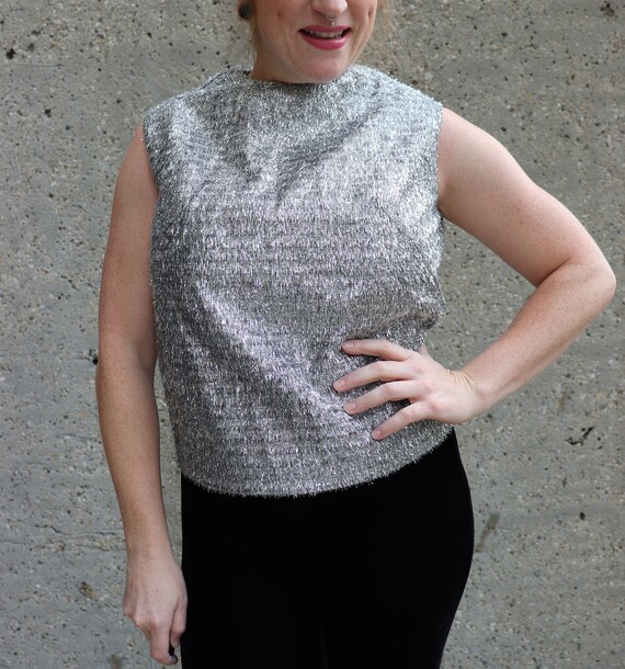 1960s silver tinsel top, metallic tinsel shirt| M - image 6