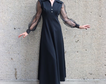 1970s black maxi gown with sheer sleeves, formal dress| S
