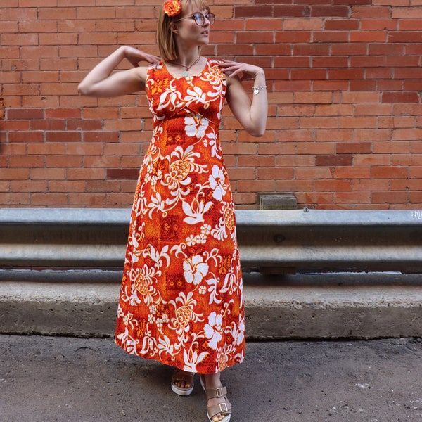 70s Royal Hawaiian Barkcoth Maxi, Midi Dress| Small- Medium