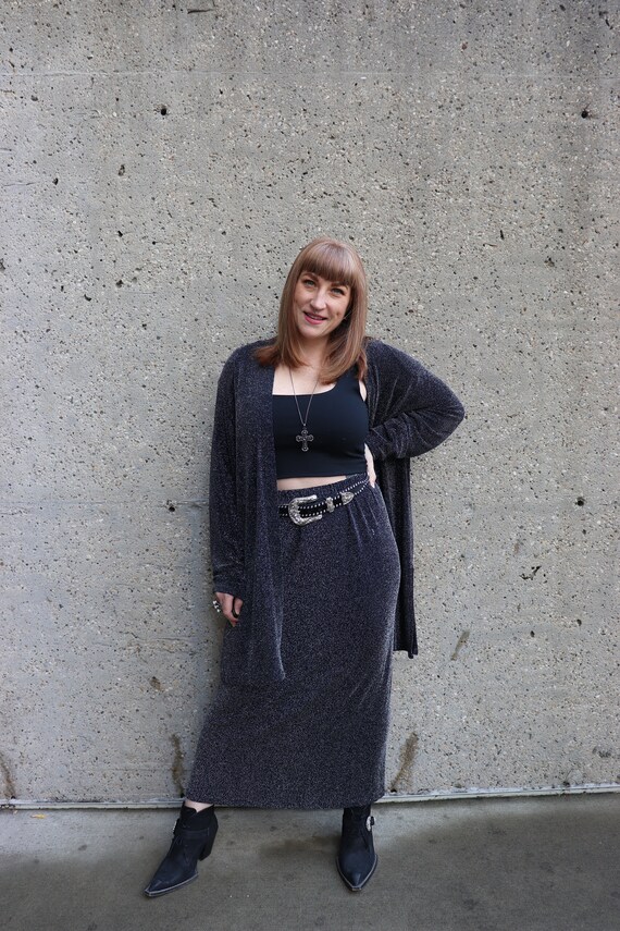 70s 80s Silver Disco Outfit Silver Metallic Skirt and Sweater L