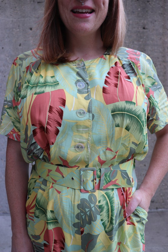 80s Jumpsuit, Tropical Print, Yellow | Medium to … - image 6