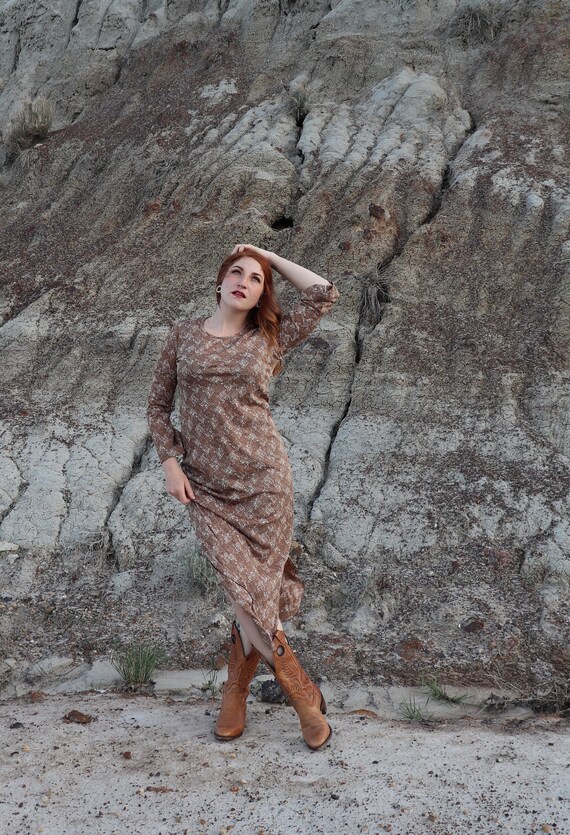 1970s Brown Maxi Dress Beach Cover | Medium