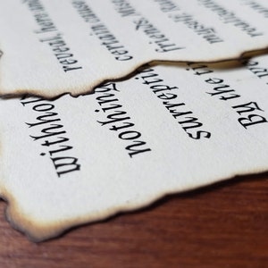 May include: A close-up of two pieces of paper with text written in a black font. The paper is torn and burnt around the edges, giving it an aged and distressed look. The text reads "withho", "surrepti", "certain ca", "nothing", "reveal here", "they we myself, Ra", "Ince realizun", "Bu the ti", "friends. Mis".