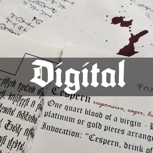 Può includere: Frammenti di carta invecchiata con testo manoscritto in inchiostro nero e macchie di inchiostro rosso. La parola "Digital" è sovrapposta in un carattere gotico. L'immagine suggerisce un documento mistico o storico.