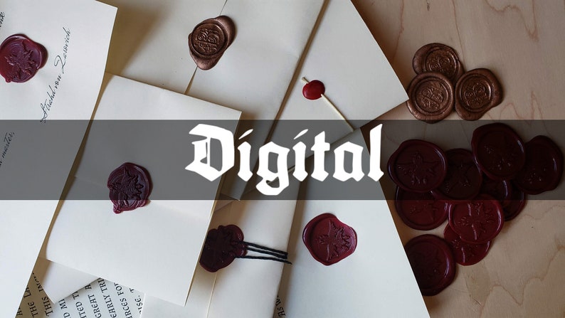 May include: A close-up of several envelopes with red wax seals. The envelopes are on a wooden surface. The word "Digital" is written in a decorative font across the top of the image.