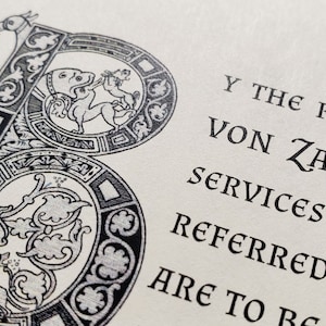 May include: A black and white illustration of a decorative letter B with intricate details. The text "Y THE ROYAL DE VON ZAROVICH SERVICES RENDERED TO AS ARE TO BE" is visible below the letter.