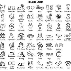 May include: Black and white line art icons of various toys, including action figures, characters, Disney, farm, figures, little people, LOLs, Mario, Mr. Potato Head, people, Playmobil, My Little Pony, Paw Patrol, Peppa Pig, PJ Masks, Pok&eacute;mon, princesses, puppets, robots, Shopkins, soldiers, stuffed animals, stuffies, superheroes, transformers, cars, car tracks, hot wheels, planes, remote control cars, space, trains, train tracks, transportation, trucks, vehicles, blocks, building, Duplo, Lego, Lincoln Logs, Bristle Blocks, Magnatiles, magnets, marble run, Mega Bloks, construction, and tools.