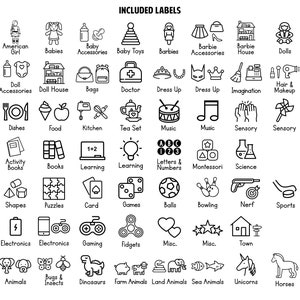 May include: Black and white line art icons of various toys and activities for children. The icons include dolls, doll accessories, doll houses, baby toys, dress up, sensory toys, books, learning, games, sports, animals, and more.