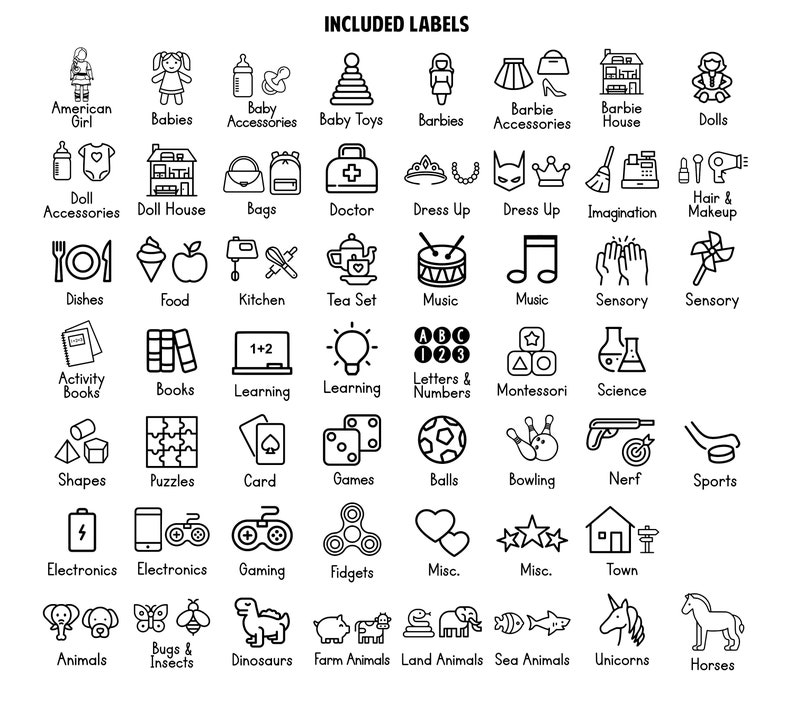 May include: Black and white line art icons of various toys and activities for children. The icons include dolls, doll accessories, doll houses, baby toys, dress up, sensory toys, books, learning, games, sports, animals, and more.