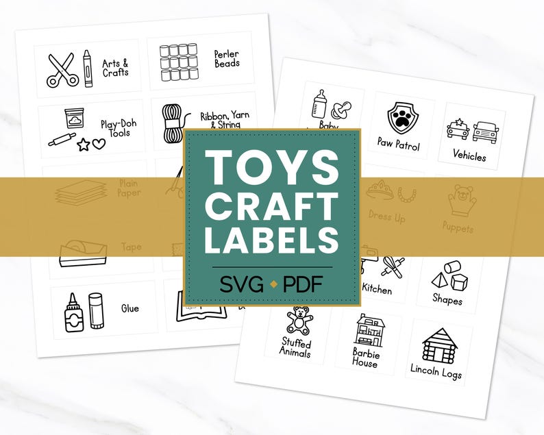 May include: Black and white printable labels for toy storage bins. The labels include categories like "Play-Doh Tools", "Perler Beads", "Paw Patrol", "Vehicles", "Stuffed Animals", "Barbie House", and "Lincoln Logs".