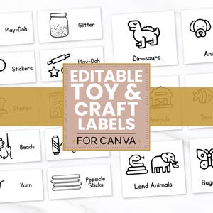 Pode incluir: Etiquetas editáveis de brinquedos e artesanato para Canva. As etiquetas apresentam ilustrações em preto e branco de vários brinquedos e artesanato, incluindo massa de modelar, glitter, adesivos, carimbos, contas, fio, palitos de picolé, dinossauros, animais, animais marinhos, animais terrestres e insetos.