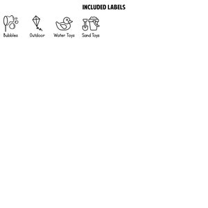 May include: A set of four icons representing different types of toys: bubbles, outdoor, water toys, and sand toys.
